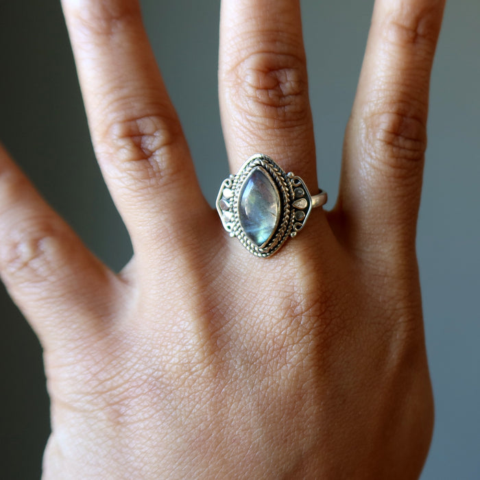 Labradorite Ring Look at Me Marquise Rainbow Sterling Silver