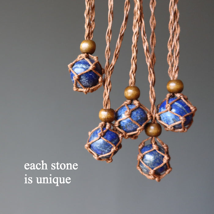 Lapis Necklace Blue Globe of Healing Crystal Ball Macrame