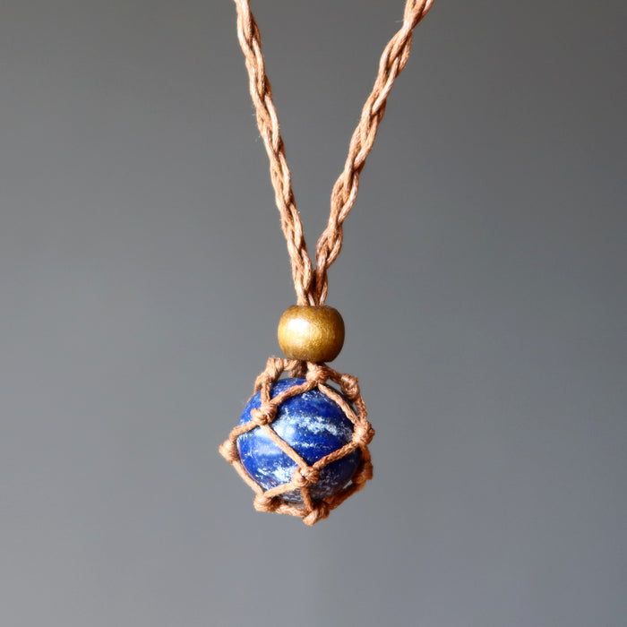 Lapis Necklace Blue Globe of Healing Crystal Ball Macrame