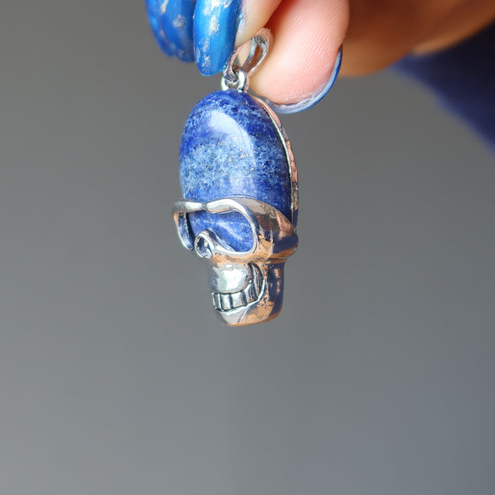 side view of lapis lazuli silver skull pendant