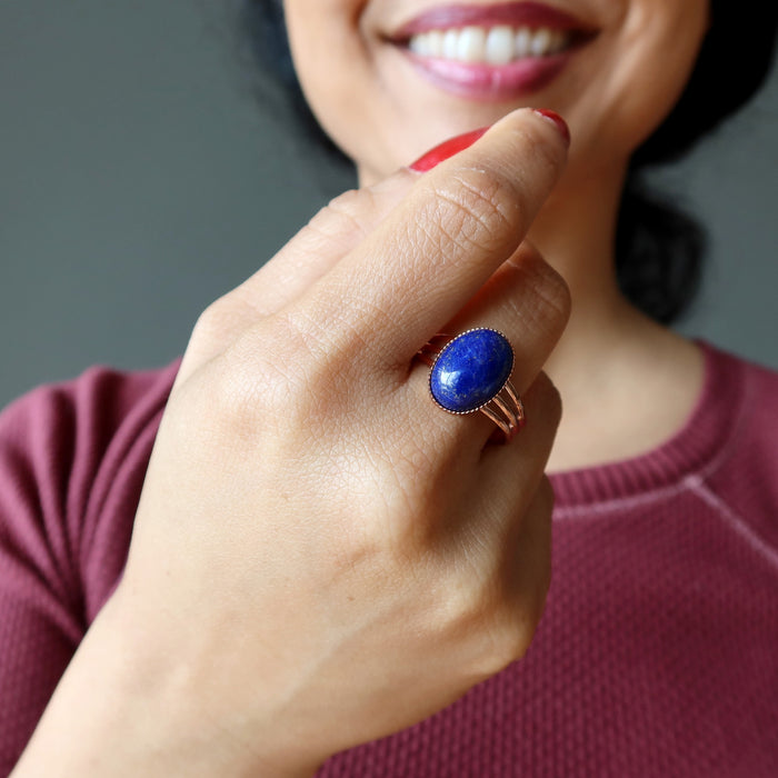 lapis oval copper ring on woman