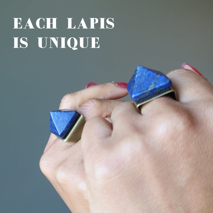 hand wearing lapis pyramid rings to show each is unique