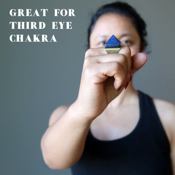 sheila of satin crystals wearing lapis pyramid ring at her third eye chakra