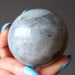 hand holding up a silver labradorite sphere