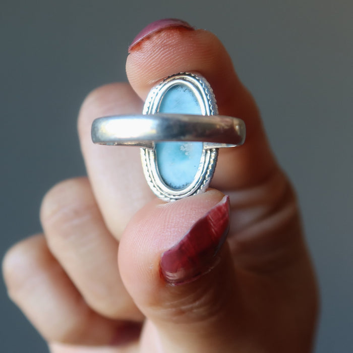Larimar Ring Hold Me Tight Blue Oval Gem Sterling Silver Claw