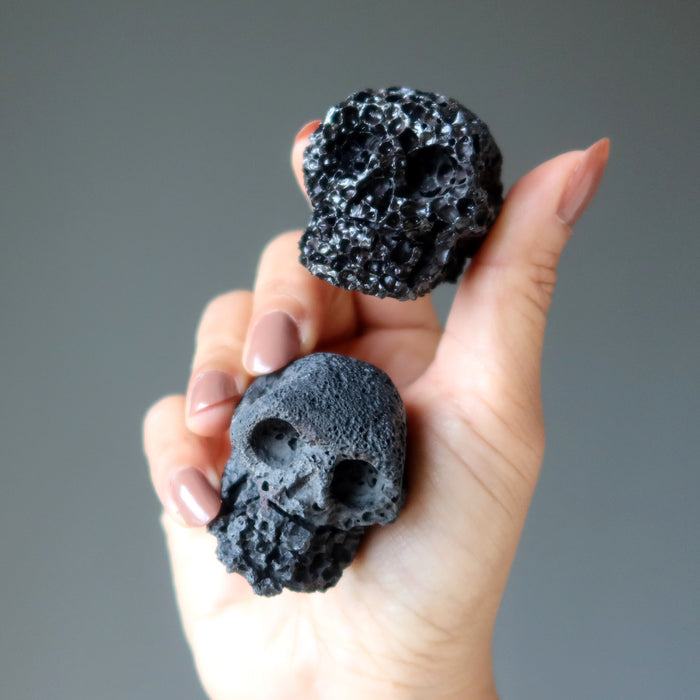Lava Skull Set Natural Black Powerful Protection Stone Pair