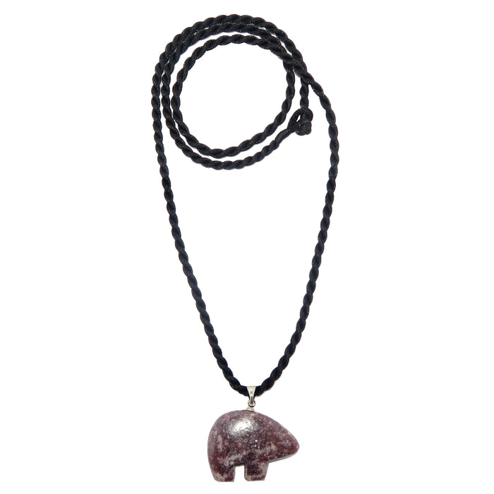 lepidolite stone bear pendant on black necklace