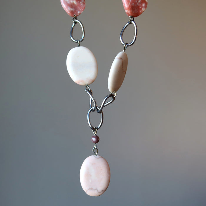 Lepidolite Marble Necklace Pink Power Gems on Gunmetal Chain