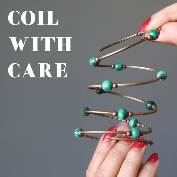 Sheila Satin pulling the green malachite memory wire bracelet and the phrase next to image reads "coil with care"
