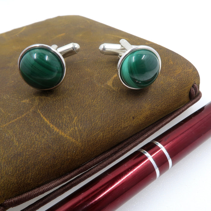 Malachite Cufflinks World Traveler Artistic Green Gems in Silver