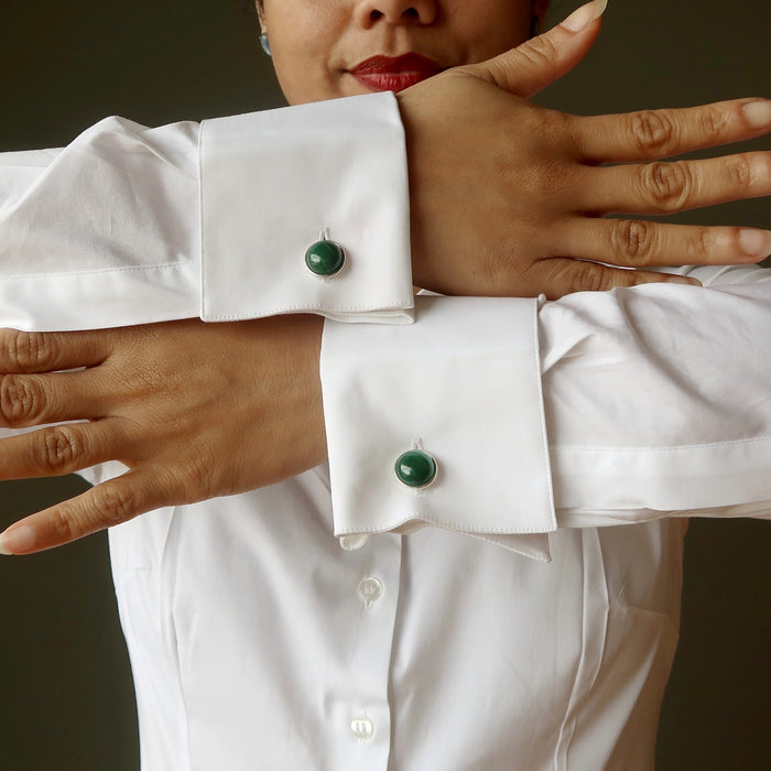 Malachite Cufflinks World Traveler Artistic Green Gems in Silver