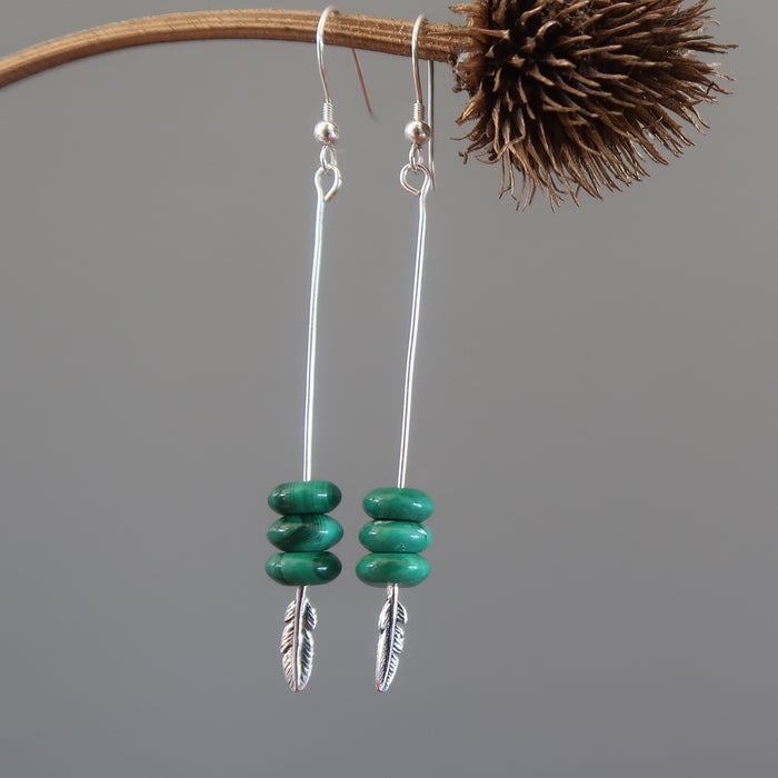 Malachite Earrings Flying High Sterling Silver Feather Green