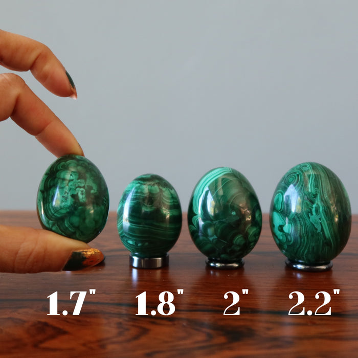 four malachite eggs on ring stands showing size difference