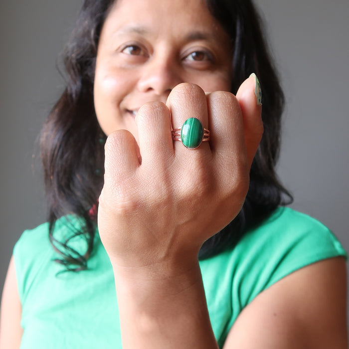 sheila of satin crystals wearing malachite copper ring