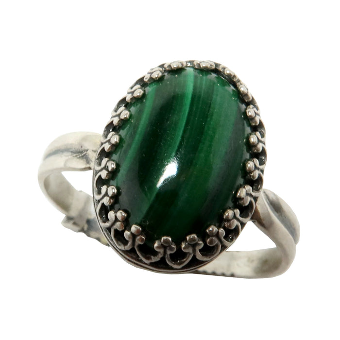 green malachite oval in sterling silver adjustable ring