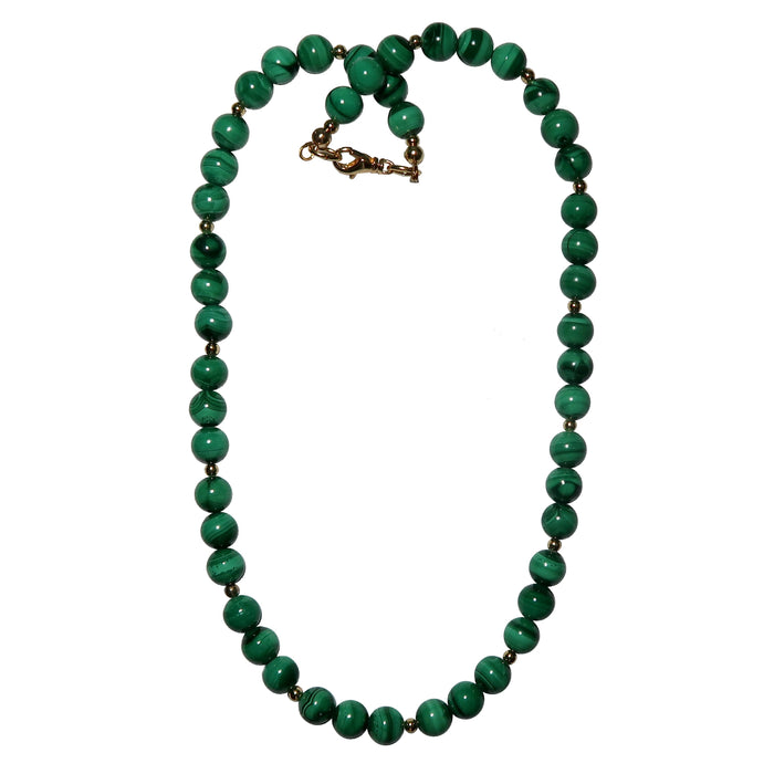 green malachite necklace with gold accent beads and lobster clasp