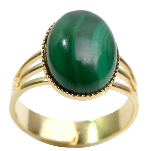 green oval malachite in gold adjustable ring