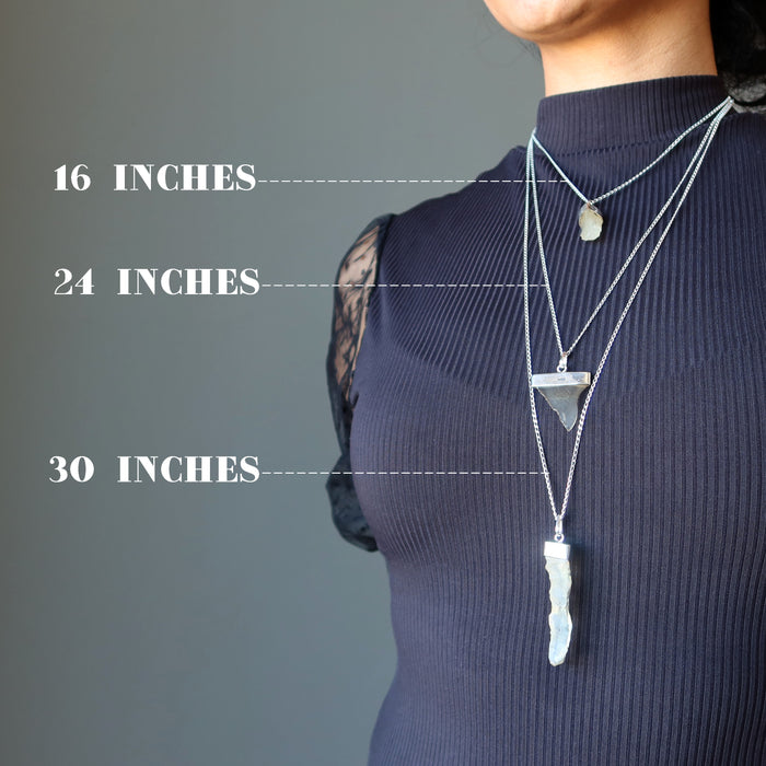 3 libyan desert glass necklaces on model showing length differences