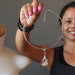 sheila of satin crystals holding raw yellow libyan desert glass in silver cage choker necklace