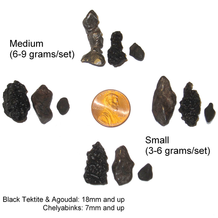 Four different meteorite sets show the variety of sizes and shapes available from the satin crystals online crystal healing store