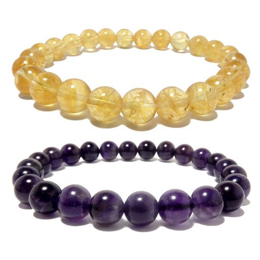 yellow citrine and dark purple amethyst round stretch bracelet set