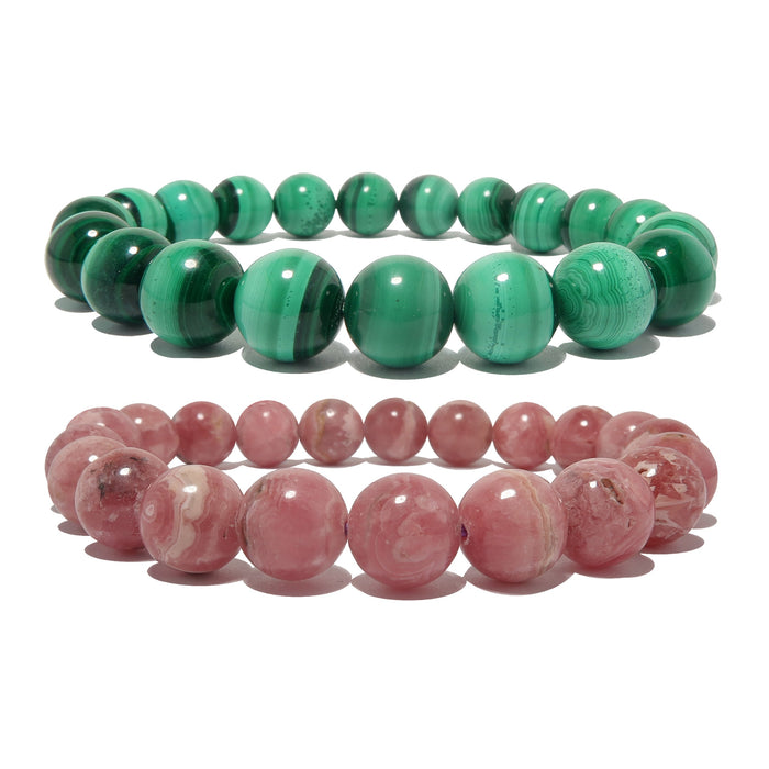 genuine green malachite and pink rhodochrosite gemstone stretch bracelets, polished 9-10mm round beads for a heart chakra jewelry set