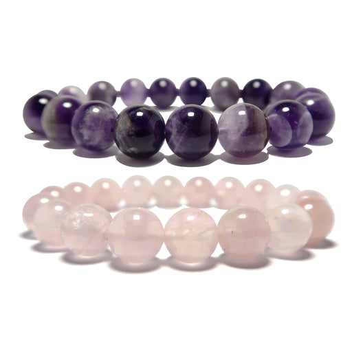 purple amethyst and pink rose quartz bracelet set