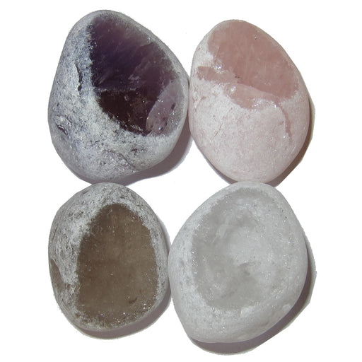 set of 4 frosted stones polished on one side to show purple amethyst, pink rose quartz, brown smoky quartz, and white clear quartz