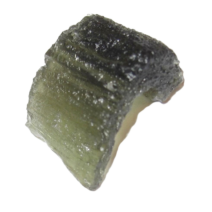 green moldavite gemstone with a scroll curl