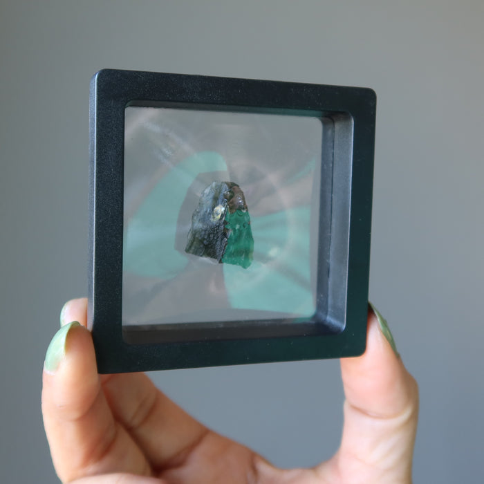 hand holding up a rough moldavite gemstone in a display case