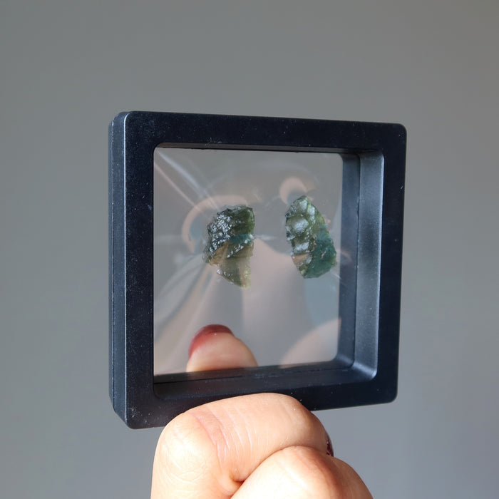 pair of moldavite rough gemstones in display case