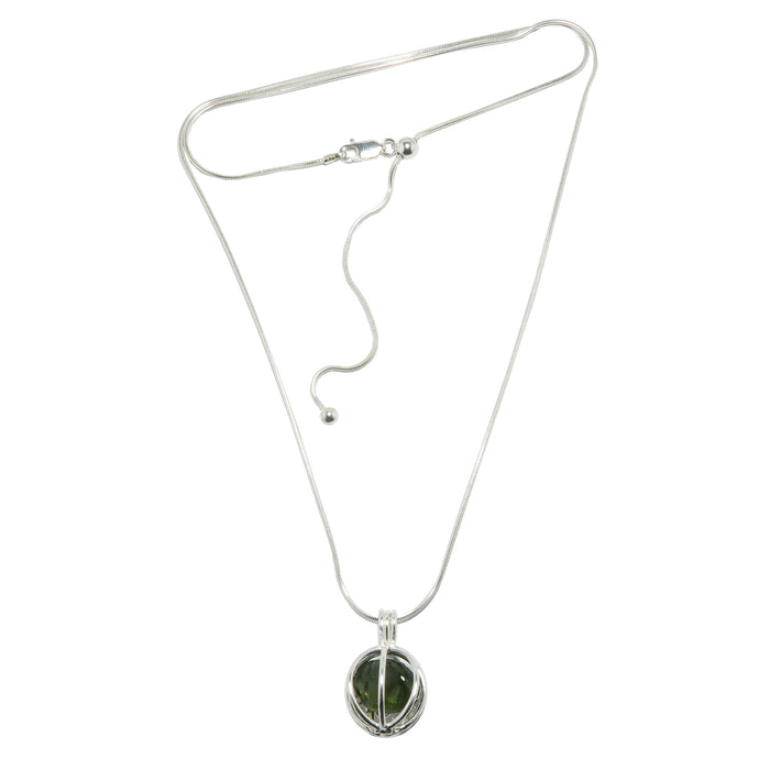 tumbled moldavite gemstone in sterling silver cage pendant on sterling silver adjustable snake chain necklace