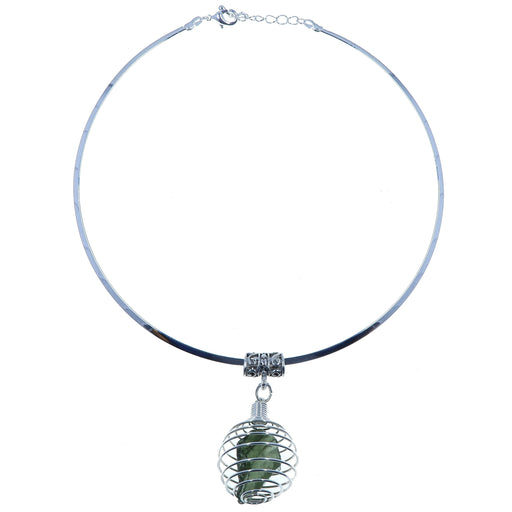 green moldavite meteorite stone in silver cage choker necklace