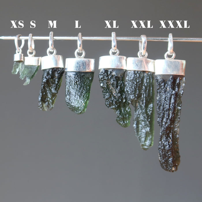 raw green moldavite pendants in sterling silver from xs to xxxl