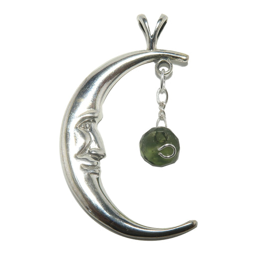 sterling silver crescent moon with faceted green moldavite pendant
