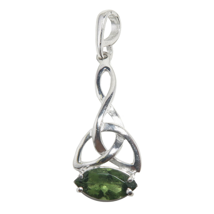 faceted green marquise moldavite in sterling silver celtic pendant