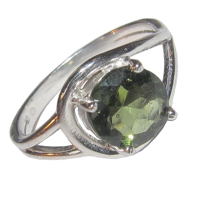 green faceted round moldavite in sterling silver ring