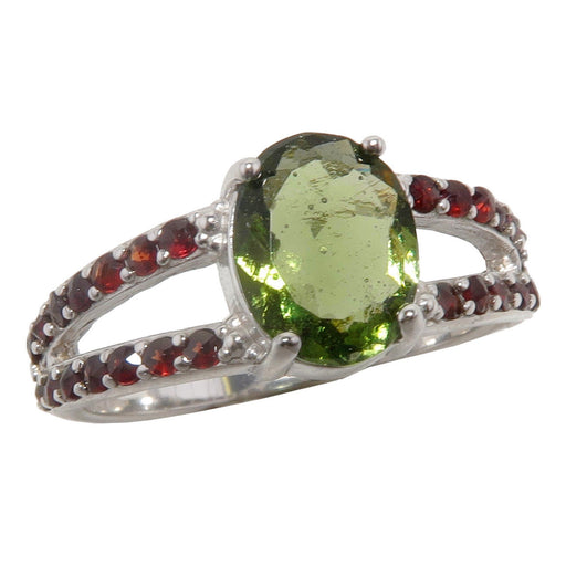 green moldavite faceted oval and red garnets in sterling silver ring