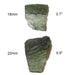 two pieces of moldavite showing size difference