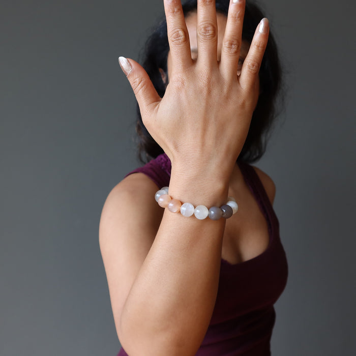 sheila of satin crystals wearing a moonstone medley bracelet