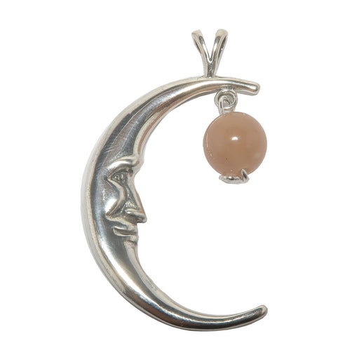 sterling silver smiling crescent moon pendant hanging with peach moonstone 