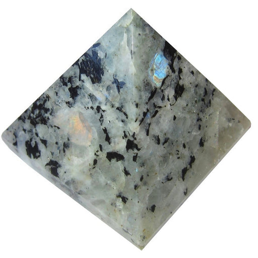 white rainbow moonstone with black tourmaline inclusions polished into a pyramid