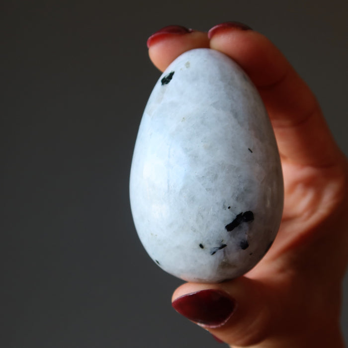hand holding a tourmalinated moonstone egg