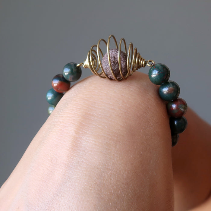 moqui marble in vintage cage bloodstone beaded stretch bracelet on wrist