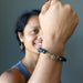 sheila of satin crystals wearing moqui ball bracelet and earrings