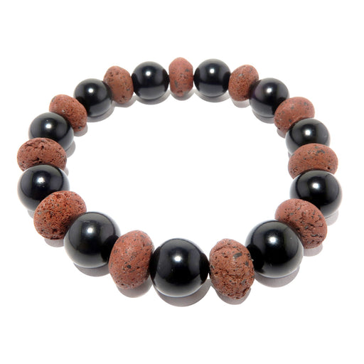 genuine round black obsidian and saucer-shaped red lava beaded stretch bracelet, handmade in the satin crystals jewelry studio in usa