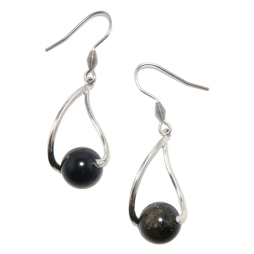 gold sheen black obsidian spheres on silver earrings