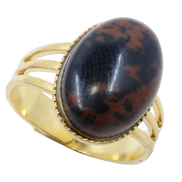 black and brownish red mahogany obsidian oval in gold adjustable ring