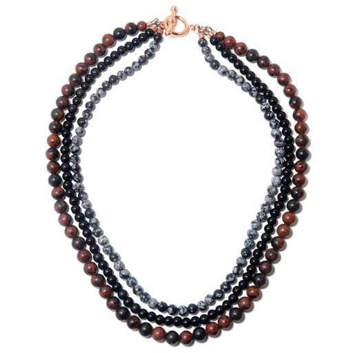 black, snowflake obsidian, mahogany obsidian beaded triple strand necklace with copper toggle clasp