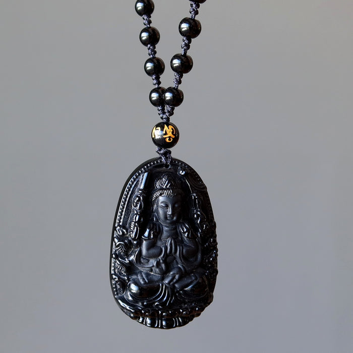 Black Obsidian Necklace Kwan Yin Goddess Protection Crystal